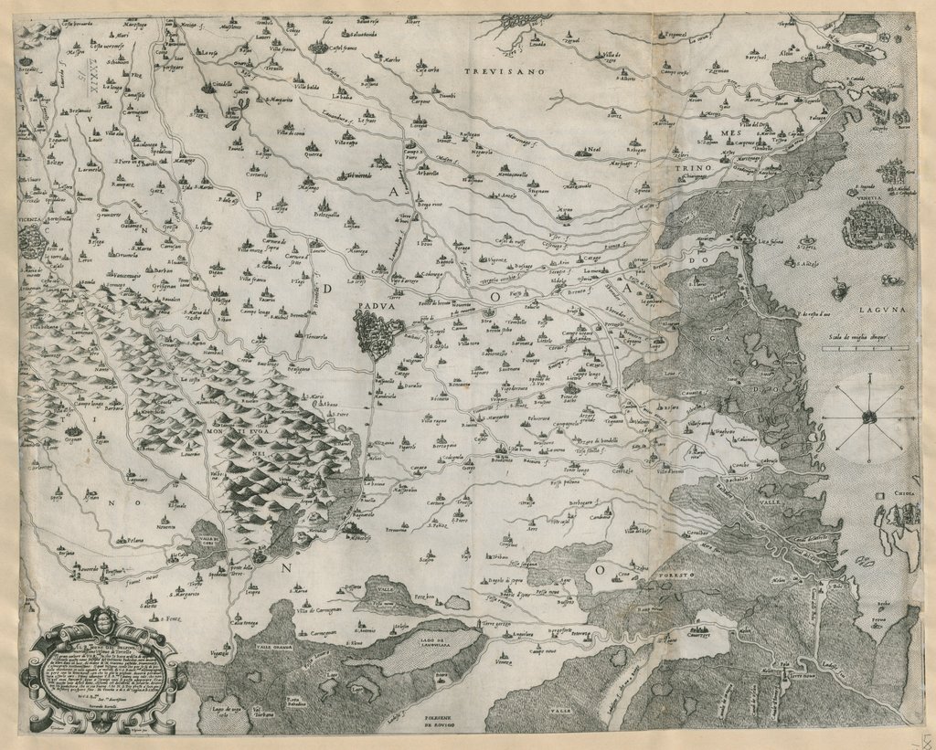 Al R.mo mons: Gio: Delfino meritissimo vescovo di Torcello. Il gran valori, V. S. R.ma fa, che jo hora aradisca di appressentarle questa nova Disegno del Territorio Padovano, con ancora da altri dat in luce, di mano di M. Giacomo gastaldo, cosmografo eccelintiismo : Il qual Disegno, come che per se sy di piccolo momento, et non uguale a meriti di V. S. Rever.ma accompagnato pero con la devotione, con che io gli lo presento, dovera per avventura esserle caro, Stimi adunque V. S. R.ma l'animo mio tale, che nonsy per mai stancarsi, dove a'servigi suoi si possa adoperare et accetti questo mio devel dono, insieme col desiderio di sevirla, dosensti desiderij prospero fine